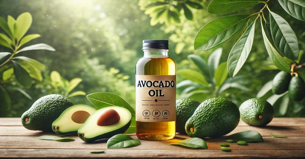 An image of a bottle labeled 'Avocado Oil' placed on a rustic wooden surface, surrounded by fresh avocados, both whole and halved. The vibrant green avocados and leaves around the bottle emphasize the natural origin of the oil. Sunlight filters through the lush, green trees in the background, creating a warm and serene outdoor setting that highlights the purity and healthful properties of avocado oil.