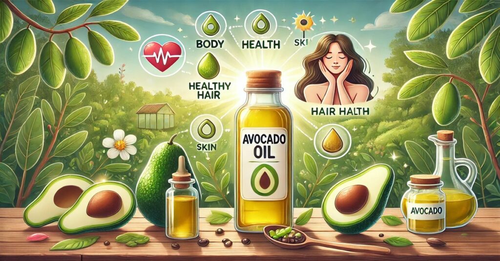 An illustration featuring a bottle of avocado oil surrounded by various symbols representing its health benefits. The bottle is set on a wooden surface alongside whole and halved avocados, avocado leaves, and other natural elements. Around the bottle are icons and labels showing the benefits of avocado oil for body health, skin, and hair, including 'Healthy Hair,' 'Skin,' 'Body,' and 'Health.' A figure of a woman with glowing skin symbolizes the oil’s benefits for beauty and wellness. The lush green background, trees, and sunlight add a fresh, natural feel, emphasizing avocado oil’s role in holistic health and beauty.