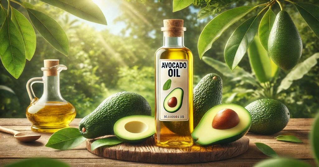 An image of a bottle labeled 'Avocado Oil' placed on a rustic wooden surface surrounded by whole and halved avocados. The scene is set outdoors with lush green leaves and sunlight filtering through the trees in the background, creating a fresh and natural atmosphere. The golden hue of the avocado oil shines through the glass bottle, highlighting its purity and rich nutritional content, while the surrounding avocados emphasize its source and natural origins.