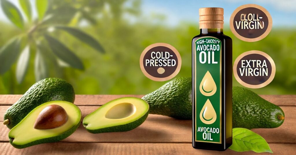 An image featuring a bottle of high-quality avocado oil on a wooden surface, labeled with 'Cold-Pressed' and 'Extra Virgin' indicators. The bottle is surrounded by fresh, whole, and halved avocados, emphasizing the natural source of the oil. The green background with blurred foliage creates a fresh, organic atmosphere, highlighting the purity and quality of the cold-pressed, extra virgin avocado oil.