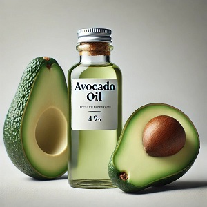 A visually appealing image of a premium bottle of avocado oil placed on a rustic wooden surface, surrounded by fresh whole and halved avocados. The bottle is labeled 'Cold-Pressed' and 'Extra Virgin,' emphasizing the oil's high quality and natural purity. The background features soft, green foliage, creating a fresh, organic feel that highlights the oil's natural origin and health benefits. This image encapsulates the essence of avocado oil as a versatile, nutrient-rich product ideal for culinary and skincare applications.