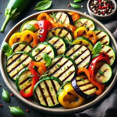 A colorful grilled vegetable salad featuring charred zucchini, bell peppers, eggplant, and onions, drizzled with a tangy balsamic vinaigrette.