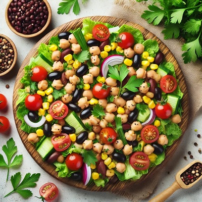 A colorful mixed bean salad featuring a variety of beans, fresh vegetables, and a zesty dressing, perfect for a protein-packed and healthy meal.