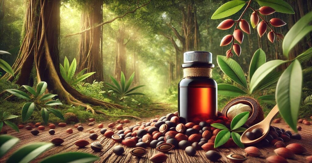 A bottle of mahogany oil set in a lush, green forest environment. The bottle, with a rustic rope detail around the neck, is surrounded by an array of mahogany seeds scattered on a wooden surface. Vibrant green leaves and tropical plants create a rich, natural background, while warm sunlight filters through the trees, illuminating the scene. A wooden spoon holding a few seeds and an opened mahogany seed pod add detail to the earthy, organic ambiance. The setting emphasizes the purity and natural origin of mahogany oil.