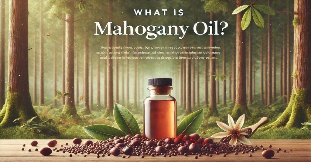 A bottle of mahogany oil is placed on a wooden surface surrounded by an abundance of mahogany seeds and fresh green leaves. In the background, a serene forest setting with tall trees and soft sunlight filtering through creates a peaceful and natural atmosphere. The bold text at the top reads "What is Mahogany Oil?" inviting curiosity about the product. Additional elements, such as a star-shaped flower and a wooden spoon filled with seeds, enhance the earthy, organic vibe of the image, highlighting the natural origins and purity of mahogany oil.