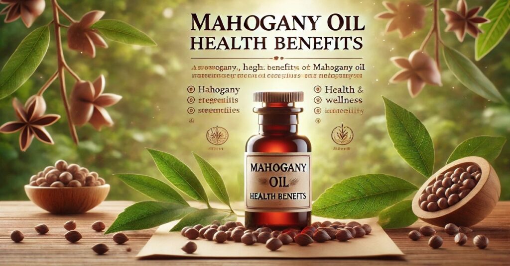 A bottle of mahogany oil labeled "Mahogany Oil Health Benefits" is displayed on a wooden surface, surrounded by mahogany seeds and green leaves. Above the bottle, text highlights health benefits associated with the oil, including "Regenerates," "Health & Wellness," and "Immunity." The background shows a soft, natural, green forest environment, giving the image an earthy and organic feel. Additional leaves and seed pods are arranged artistically, enhancing the natural theme and promoting the healthful properties of mahogany oil.