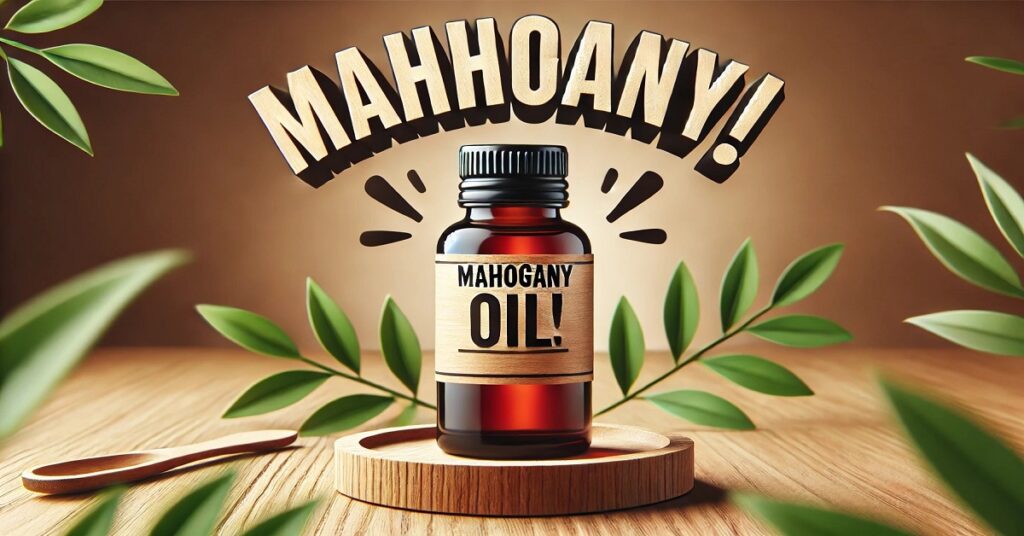 A vibrant bottle of mahogany oil is showcased at the center of the image, labeled boldly with "Mahogany Oil!" and surrounded by exclamation marks for emphasis. The bottle sits on a small wooden tray, with lush green leaves artistically framing it on both sides. A wooden spoon lies nearby, enhancing the natural and organic theme of the scene. The warm, earthy background adds depth and highlights the rich amber color of the oil, creating a sense of vitality and excitement around the product.