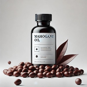 A sleek bottle labeled "Mahogany Oil" is displayed at the center of the image, surrounded by a pile of mahogany seeds. The bottle’s dark, elegant design contrasts against the light background, emphasizing its premium appearance. Beside the bottle, mahogany leaves add a touch of natural vibrancy. The minimalistic label on the bottle includes symbols and text, highlighting its health and wellness appeal. The overall setup showcases the oil’s natural and organic origins, exuding a sense of purity and quality.