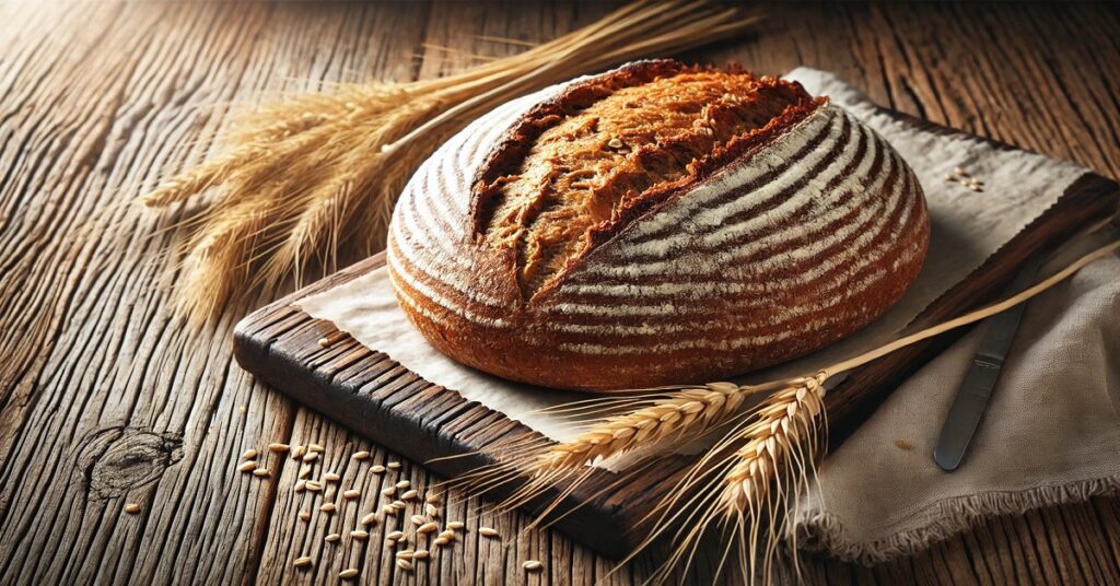 Image of fresh, golden wheat bread with its crisp texture and rich flavour, appearing on a wooden table alongside a handful of wheat grains. It represents natural and healthy bread prepared from whole wheat grains and reflects the nutritional benefits of this natural ingredient.