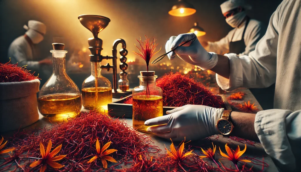 Wide image showing the traditional extraction process of saffron oil. Gloved hands carefully handle vibrant saffron threads, placing them into a small glass container filled with rich, golden oil. The background features a rustic distillation setup, with glass containers and warm, gentle lighting that highlights the artisanal craftsmanship and purity involved in extracting saffron oil. The scene exudes an atmosphere of elegance and attention to detail, emphasizing the luxury and quality of saffron oil.