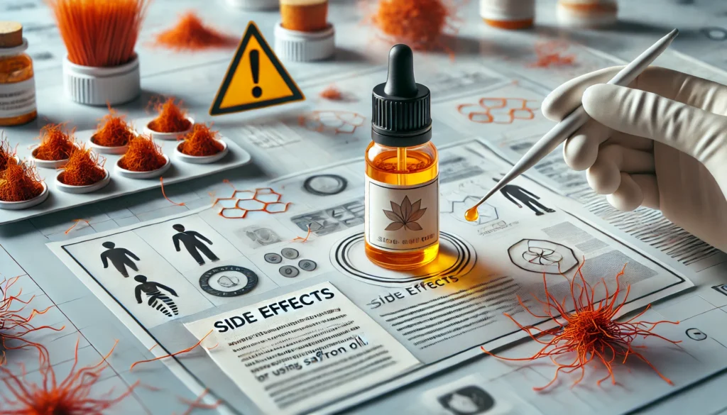 Wide image depicting the concept of side effects and precautions for saffron oil use. A small bottle of saffron oil with a warning label is placed on a table, surrounded by a caution sign, scattered saffron threads, and informational papers. A gloved hand holds a dropper, emphasizing a clinical and cautionary approach. The scene has a neutral, medical-like background with soft lighting, reinforcing the importance of awareness and safety in using saffron oil.