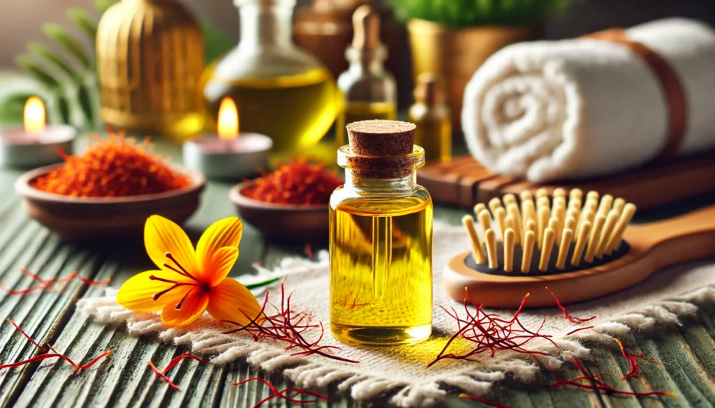 Wide image showing a small glass bottle of saffron oil on a wooden table, surrounded by saffron threads, a hairbrush, and a rolled spa towel. The golden saffron oil glows warmly, highlighting its luxurious quality. The background includes blurred elements like a candle and green foliage, creating a calm, spa-like atmosphere that emphasizes the oil’s benefits for skin and hair care.