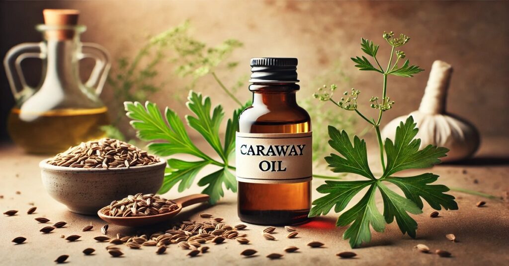 A close-up image featuring a small amber glass bottle labeled "Caraway Oil" placed on a natural surface. Surrounding the bottle are fresh caraway leaves, a small bowl, and a wooden spoon filled with caraway seeds, highlighting the natural origins of the oil. In the background, a blurred oil decanter adds depth to the setting, creating a warm and earthy ambiance that emphasizes the purity and organic essence of caraway oil.