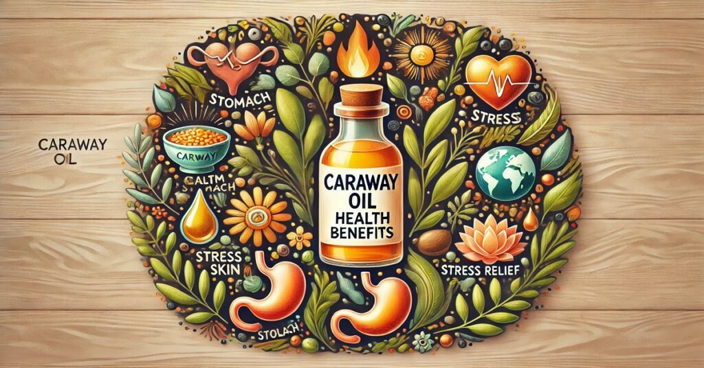 A vibrant illustration highlighting the health benefits of Caraway Oil. At the center is a small bottle labeled "Caraway Oil Health Benefits," surrounded by various symbols representing its uses and effects. These include icons for stomach health, stress relief, skin care, and general wellness, symbolized by a heart, stomach, flowers, and calming motifs. Green leaves, caraway seeds, and colorful elements encircle the bottle, creating an organic and natural aesthetic. Each icon is thoughtfully placed to emphasize Caraway Oil’s benefits for digestion, stress management, skin health, and relaxation.