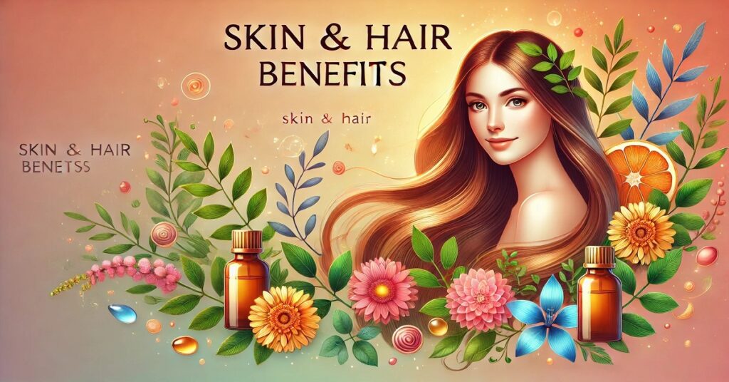 An illustration highlighting the skin and hair benefits, featuring the text "Skin & Hair Benefits" displayed in an elegant font. The image includes a woman with long, flowing hair surrounded by vibrant botanical elements like flowers, leaves, and colorful fruits, symbolizing natural beauty and wellness. Small amber glass bottles are placed among the greenery, representing natural oils or serums for skincare and haircare. The scene is filled with warm, soothing colors, creating an aesthetic that emphasizes the nourishing and rejuvenating properties of natural ingredients for skin and hair health.