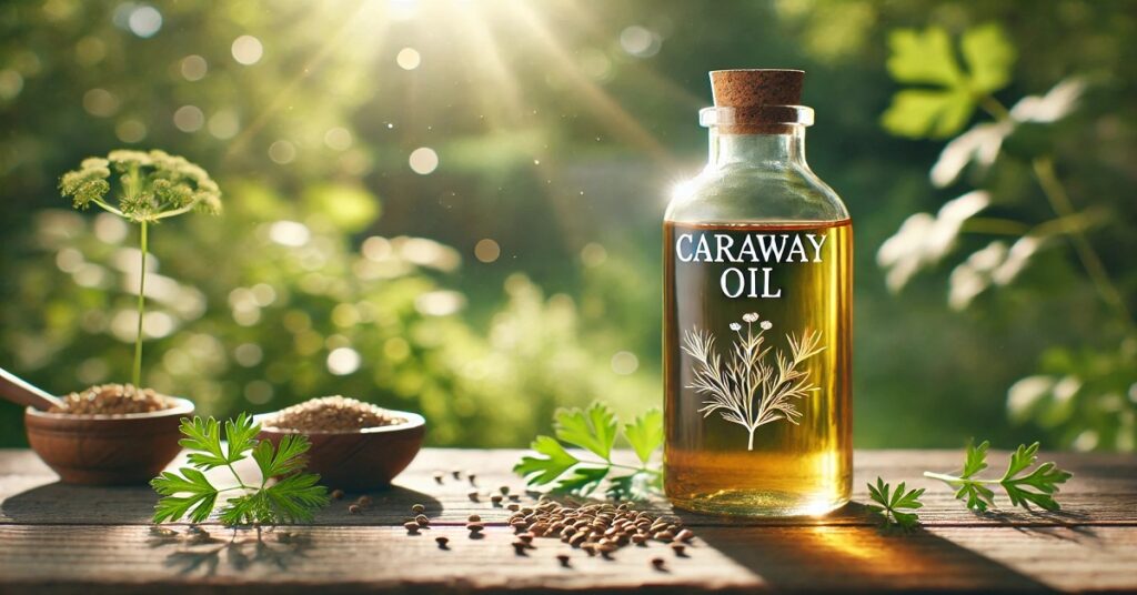 A wide, natural setting featuring a clear bottle of Caraway Oil placed on a wooden surface in an outdoor environment. The scene includes soft sunlight streaming through lush green foliage in the background, casting a warm, serene glow. Beside the bottle, there are caraway seeds in small wooden bowls, fresh caraway leaves, and stems, creating a natural, earthy atmosphere that highlights the organic and pure essence of the oil. The bottle label shows a simple, elegant illustration of the caraway plant.