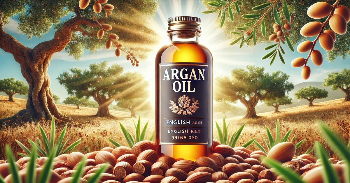 "An elegant bottle of Argan oil surrounded by natural argan nuts and leaves, set against a soft, organic background. The image conveys the natural purity and health benefits of Argan oil, making it an ideal introductory visual for the article."