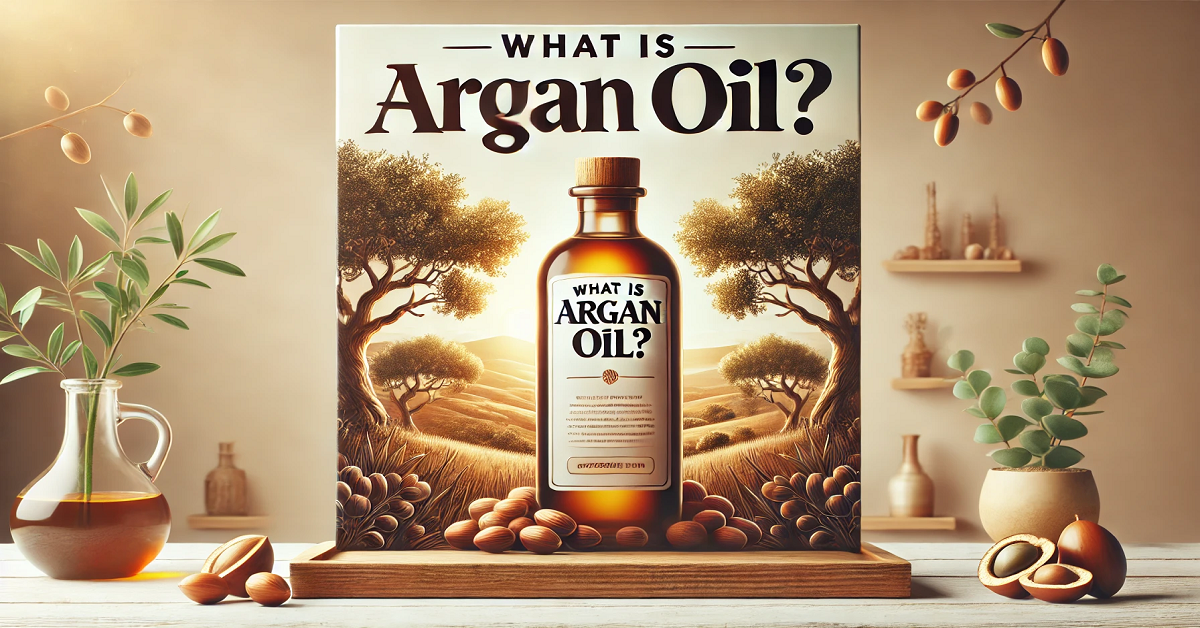 "An informative image showcasing a bottle of Argan oil surrounded by argan nuts and trees, with the title 'What is Argan Oil?' prominently displayed. The natural background emphasizes the organic origin and versatility of Argan oil, setting the tone for a detailed exploration of its benefits and uses