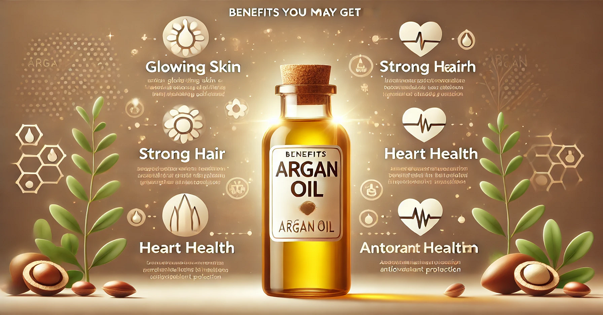 "An engaging image showcasing a bottle of Argan oil surrounded by symbols of health benefits, including glowing skin, strong hair, and heart health. The title 'Benefits You May Get from Consuming Argan Oil' is prominently displayed, emphasizing the oil's natural advantages for wellness and beauty."