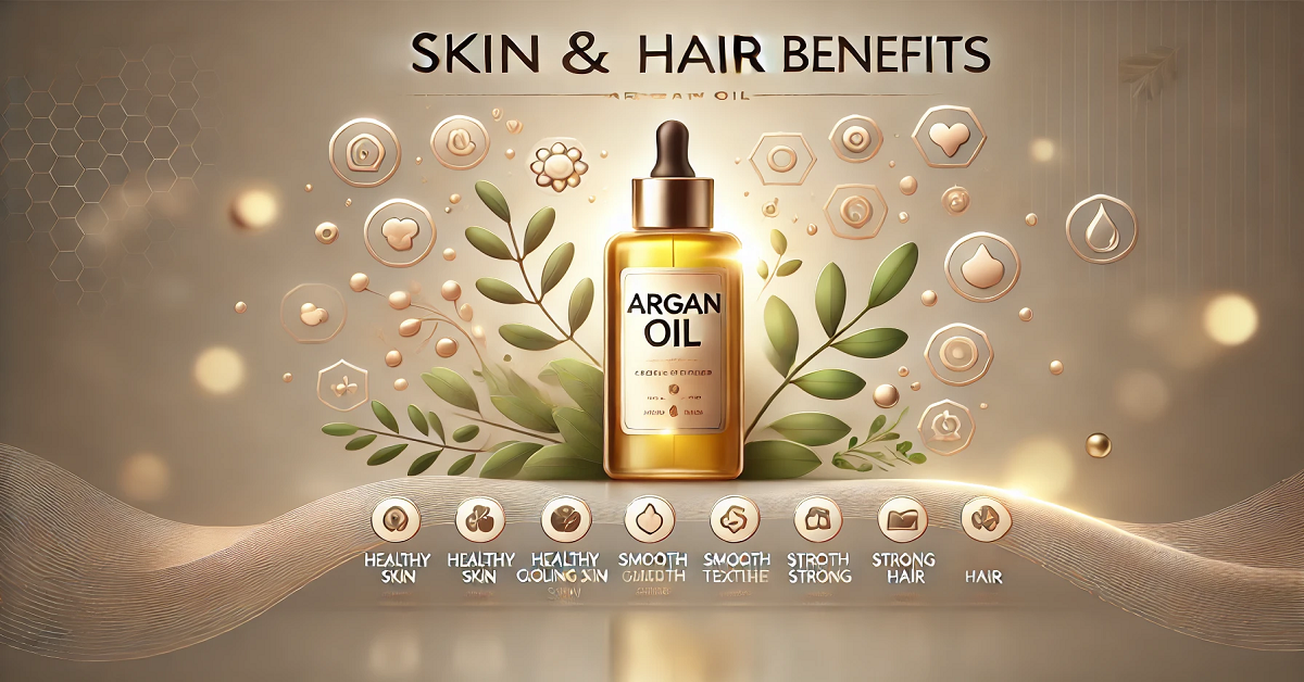 "An elegant image featuring a bottle of Argan oil with icons representing glowing skin and strong, shiny hair. The natural background emphasizes the oil's nourishing properties for both skin and hair health, highlighting its role as a beauty essential."