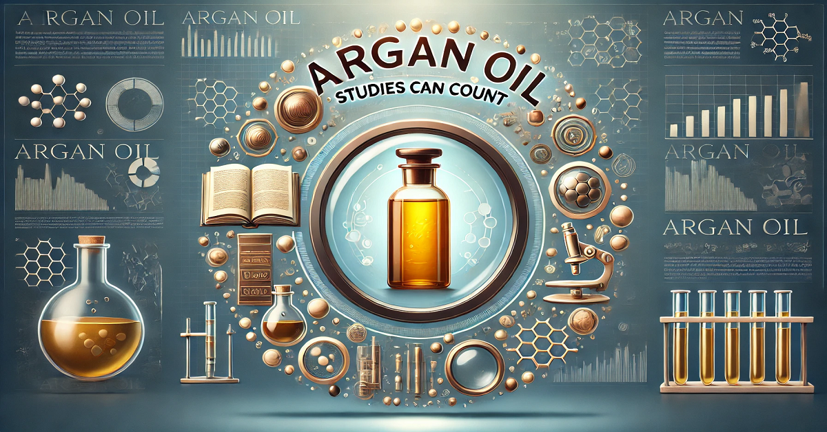 "An image featuring a bottle of Argan oil surrounded by symbols of scientific research, such as books, magnifying glasses, and laboratory beakers. The title 'Argan Oil Studies Can Count' emphasizes the credibility of studies and research supporting the health and beauty benefits of Argan oil."