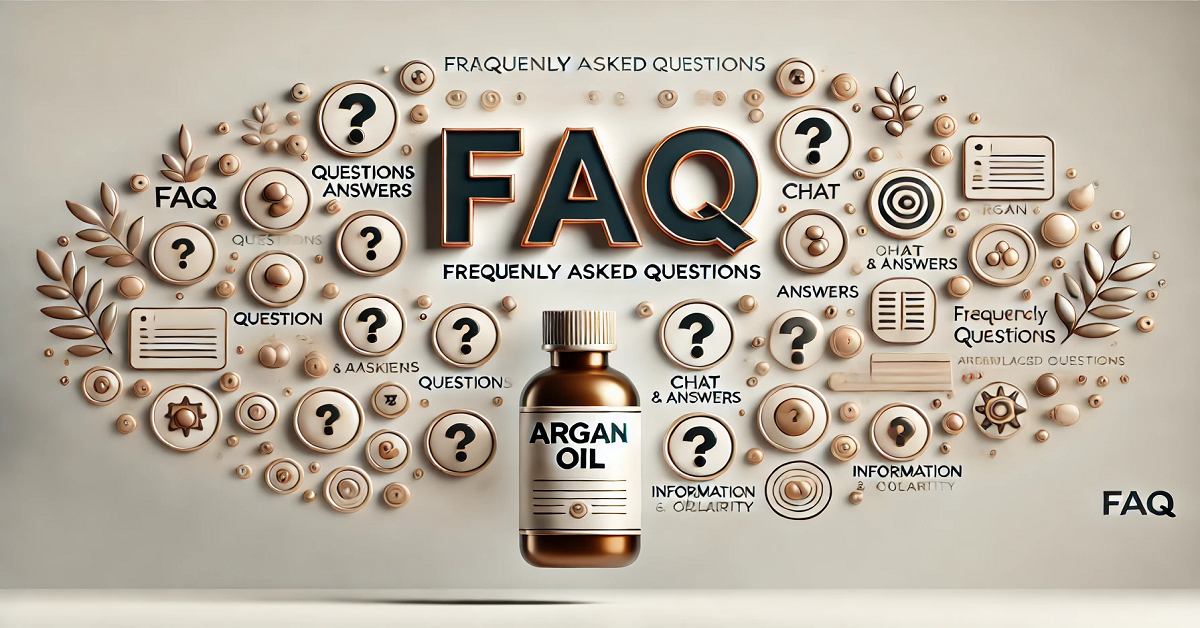 "An informative image featuring a bottle of Argan oil with the title 'FAQ' prominently displayed. The design includes symbols of questions and answers, such as question marks and chat bubbles, representing a detailed section addressing common inquiries about Argan oil's benefits, uses, and properties.