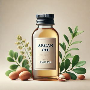 An elegant main image featuring a bottle of Argan oil labeled in English, surrounded by argan nuts and leaves. The natural backdrop highlights the organic origins and versatility of Argan oil, setting the tone for an informative and engaging article.