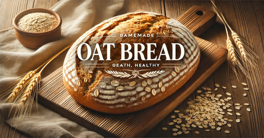 A close-up of fresh oat bread with a fluffy texture and oat flakes visible on its surface, showing its natural flavor and health benefits. The bread is placed on a wooden board with some scattered oats, adding a rustic and warm touch to the scene.