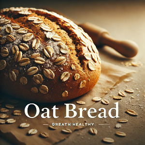 A photo of carefully baked fresh oatmeal bread, showing its flaky texture and oat flakes on its surface, reflecting its natural quality and high nutritional value. The bread is placed on a wooden table with touches of oats, adding a warm and inviting feel to the image.