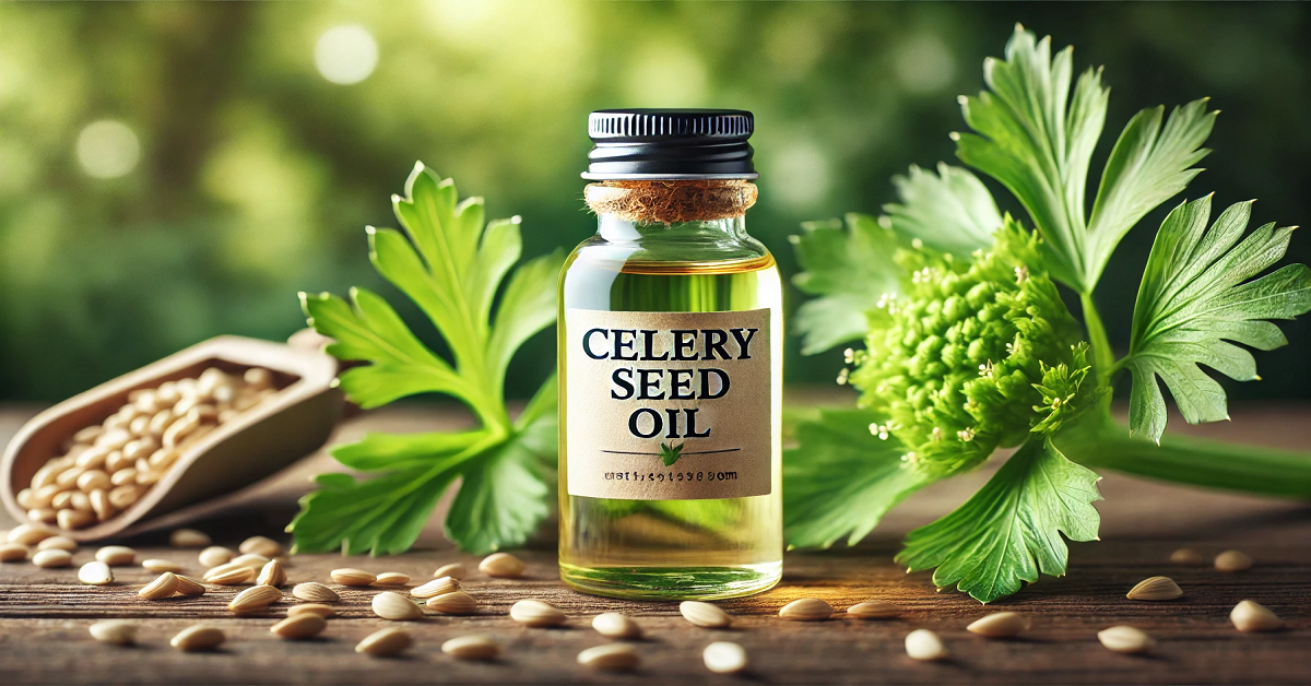 A visually appealing image showcasing a small bottle of Celery Seed Oil surrounded by fresh celery seeds and leaves in a natural setting. The bottle label prominently displays "Celery Seed Oil" in elegant English typography. The background features soft, natural light with earthy green hues, creating a calming and organic atmosphere that complements the article's theme.