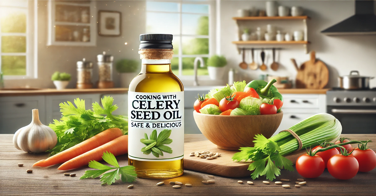 A clean and bright kitchen setting showcasing a small bottle of Celery Seed Oil on a wooden countertop, surrounded by fresh vegetables like carrots, celery, and tomatoes. A bowl of salad is being drizzled with the oil, highlighting its safe and versatile use in cooking. The image emphasizes health, safety, and the delicious applications of Celery Seed Oil in culinary practices.