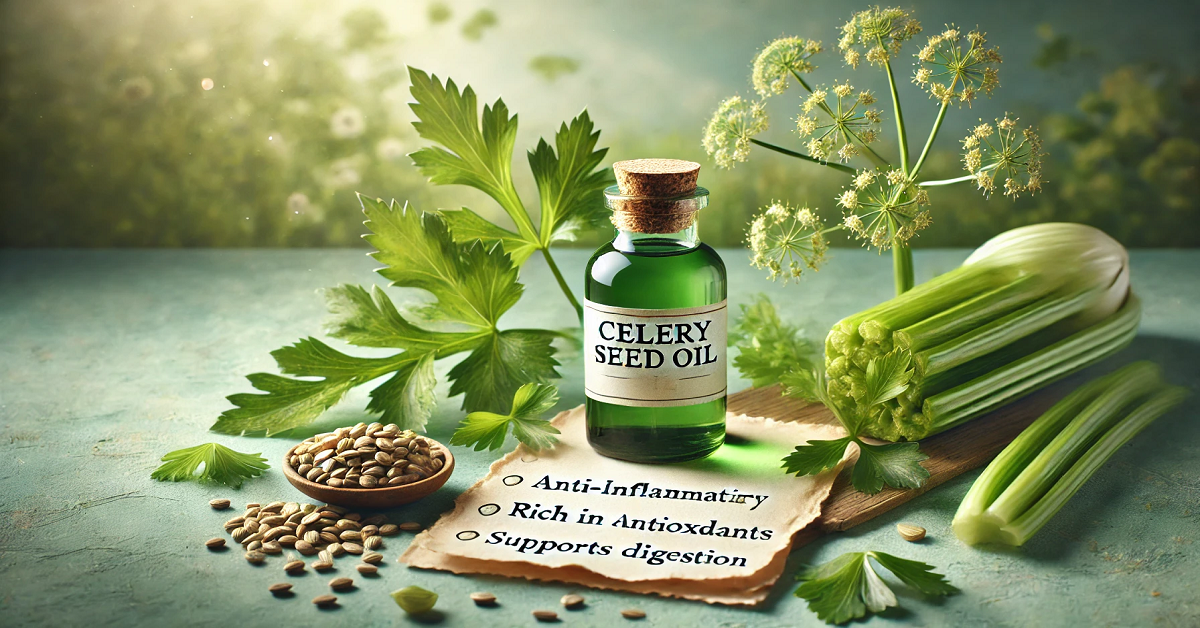 A serene natural setting featuring a small bottle of Celery Seed Oil with a clear label, surrounded by fresh celery leaves and seeds. A notepad nearby lists health benefits such as "Anti-inflammatory," "Rich in Antioxidants," and "Supports Digestion." The soft green tones and bright atmosphere emphasize the oil's natural origins and its health-enhancing properties.