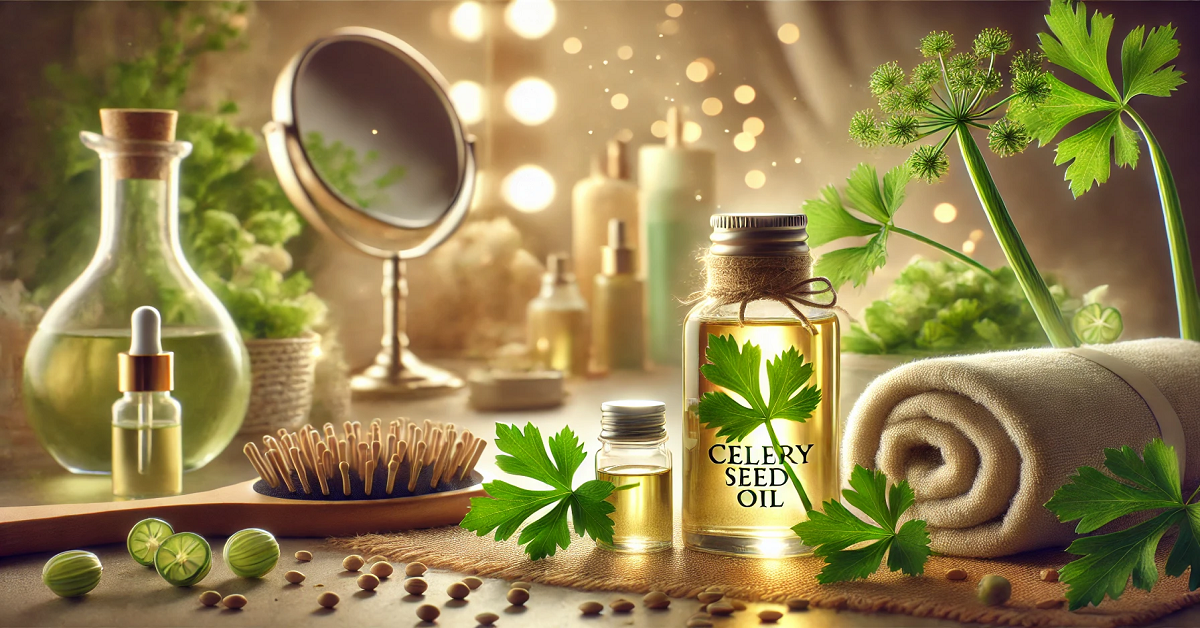 A serene image showcasing the skincare and haircare benefits of Celery Seed Oil. The scene features a small bottle of Celery Seed Oil on a vanity table, surrounded by fresh celery leaves and seeds. Nearby, beauty items like a soft towel, a hairbrush, and a mirror reflecting shiny, healthy hair emphasize the oil's benefits for glowing skin and nourished hair. The soft lighting and soothing tones create a luxurious and natural atmosphere.