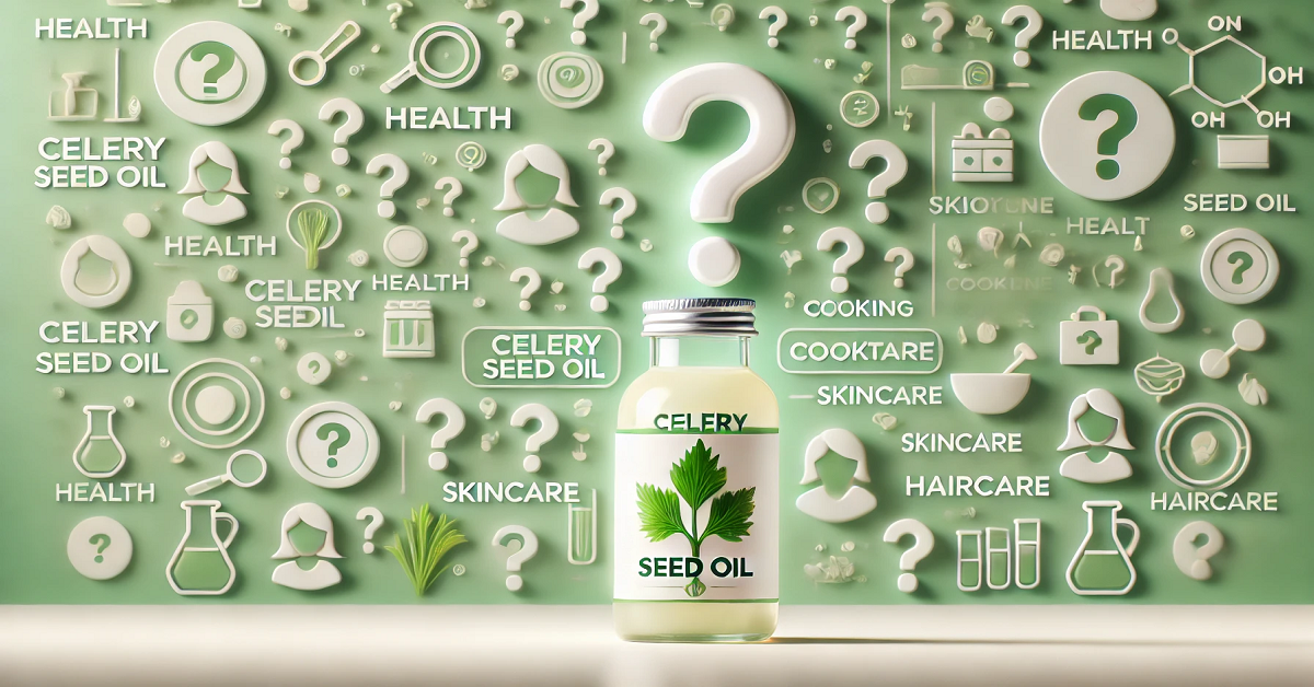 An engaging image featuring a small bottle of Celery Seed Oil on a natural background, surrounded by playful elements like question marks, celery leaves, seeds, and icons representing health, cooking, and beauty. A notepad or chalkboard displays the text "Test Your Knowledge," inviting viewers to explore and learn more about the benefits and uses of Celery Seed Oil in a fun and interactive way.