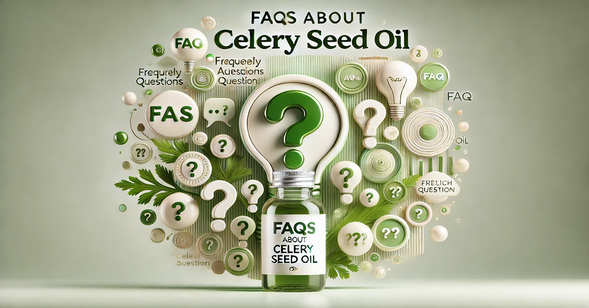 A visually engaging image featuring a small bottle of Celery Seed Oil on a clean, modern surface. The scene is enhanced with icons of question marks, speech bubbles, and lightbulbs, symbolizing curiosity and the quest for knowledge. The text "FAQs About Celery Seed Oil" is prominently displayed in an elegant font, set against a soft green and white background that reflects clarity and nature.