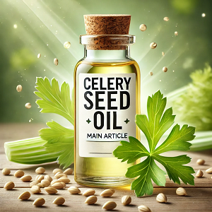 A small, elegant bottle of Celery Seed Oil placed on a natural wooden surface, surrounded by fresh celery leaves and seeds. The text "Celery Seed Oil" is prominently displayed in a clear and professional font, set against a serene background with soft green tones and light rays, emphasizing the natural and pure essence of the oil.