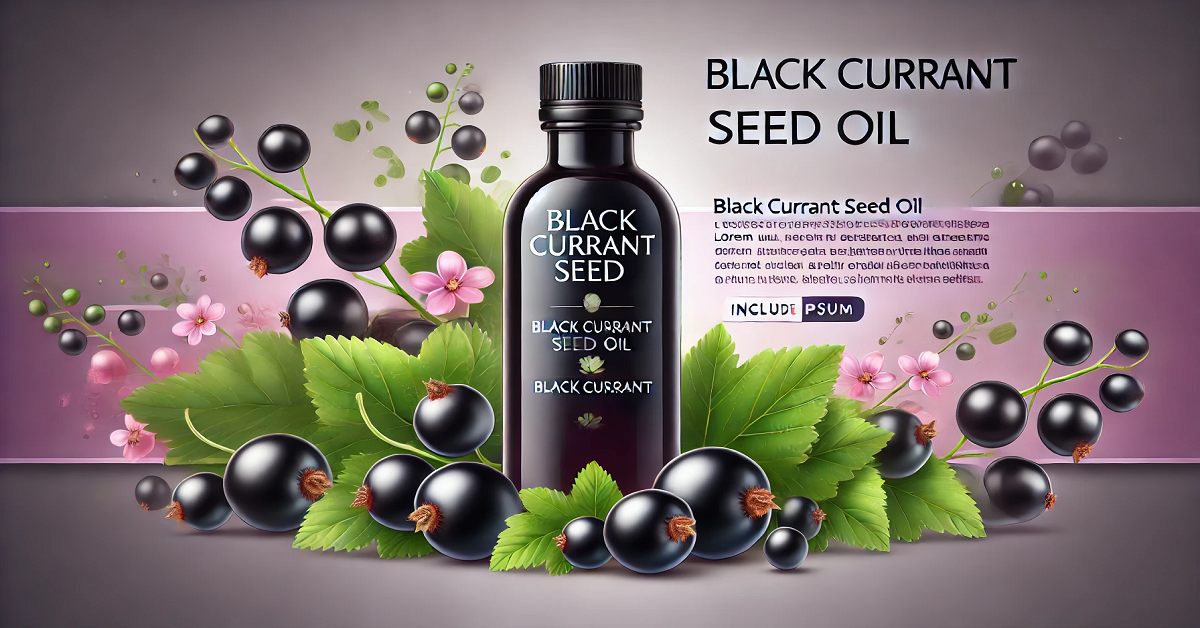 Black Currant Seed Oil: A sleek bottle surrounded by fresh black currants and green leaves, set against a vibrant purple and green background, symbolizing the oil's natural origin and health benefits. The text 'Black Currant Seed Oil: Nature's Treasure for Health and Beauty' elegantly displayed to introduce the topic