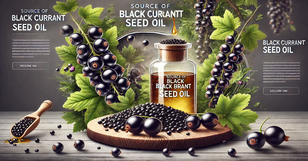 An image showcasing the source of black currant seed oil, featuring vibrant black currant berries on lush green branches, with a close-up of seeds being cold-pressed to extract the oil. The natural setting highlights the purity and origin of this nutrient-rich oil.