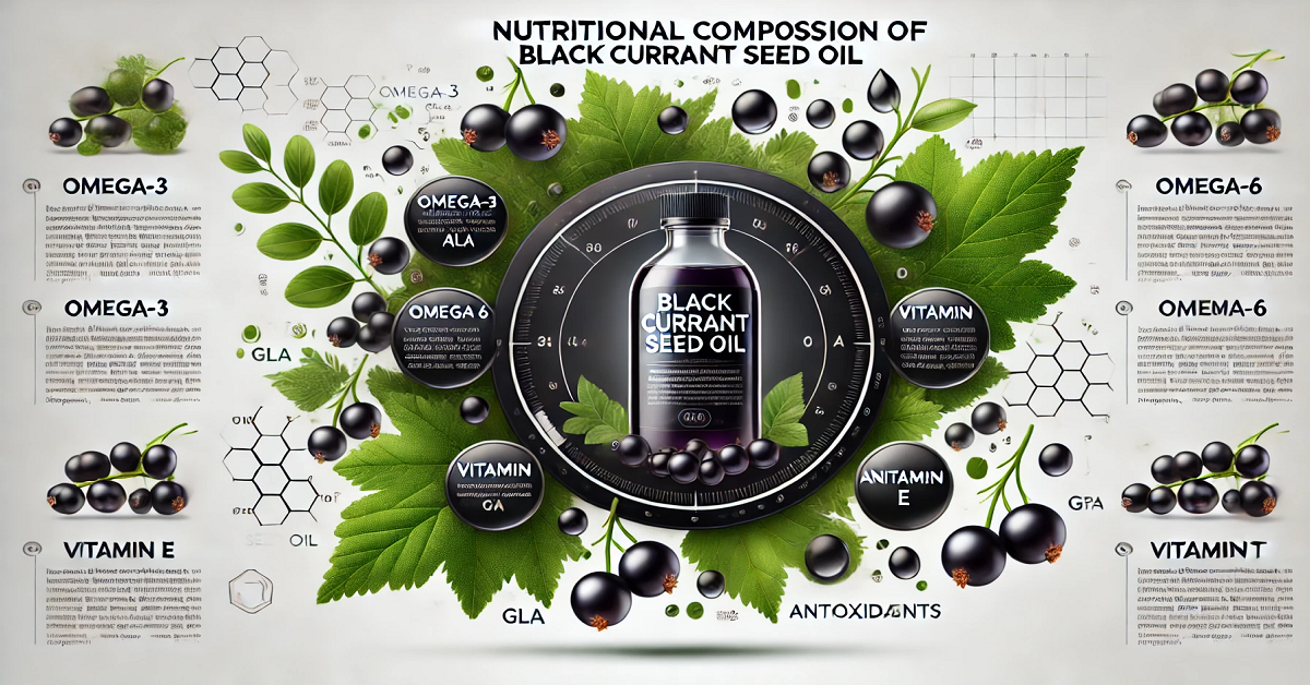 An image illustrating the nutritional composition of black currant seed oil, highlighting key components such as omega-3 (ALA), omega-6 (GLA), vitamin E, and antioxidants. The sleek oil bottle is surrounded by labeled icons representing its essential nutrients, emphasizing its health benefits.