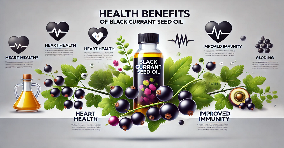 An image showcasing the health benefits of black currant seed oil, featuring icons representing heart health, improved immunity, reduced inflammation, and enhanced skin vitality. A sleek bottle of the oil is surrounded by fresh black currants and green leaves, emphasizing its natural and health-boosting properties.