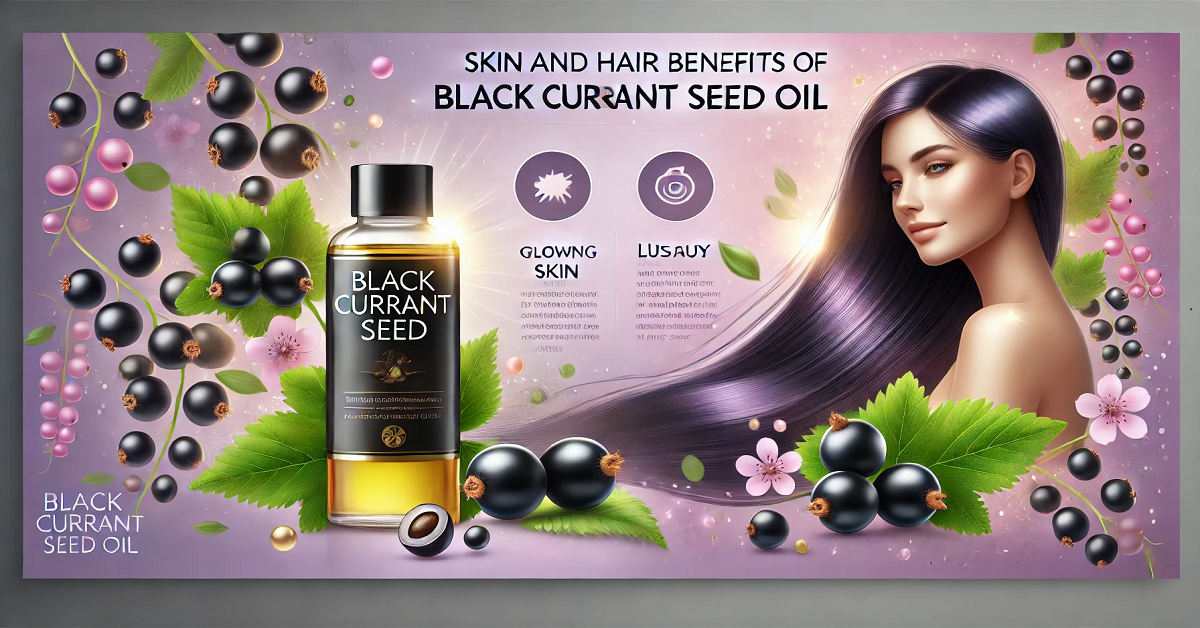 An image highlighting the skin and hair benefits of black currant seed oil, featuring a sleek oil bottle surrounded by glowing skin and shiny hair icons, fresh black currants, and green leaves. The design emphasizes the oil's moisturizing, anti-inflammatory, and restorative properties for beauty care.