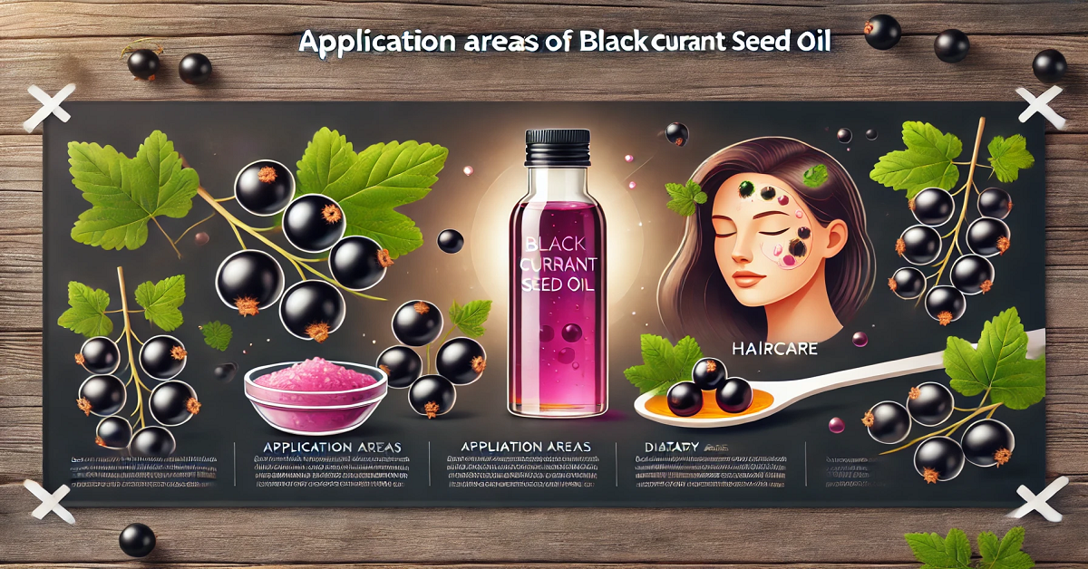 An image showcasing the application areas of black currant seed oil, featuring icons for skincare, haircare, and dietary use. The design includes a sleek bottle of the oil surrounded by fresh black currants and green leaves, emphasizing its versatility in beauty and wellness routines.