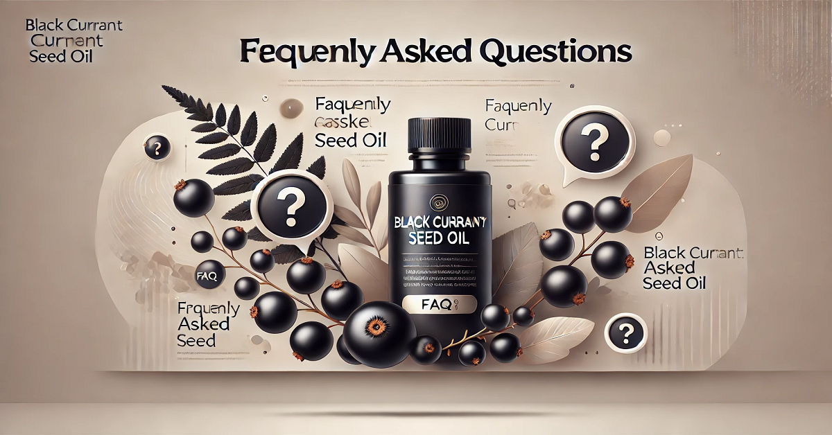 An image featuring icons of question marks and chat bubbles alongside a sleek bottle of black currant seed oil, symbolizing a FAQ section. The design highlights a clean, modern layout with fresh black currants and green leaves, representing clarity and information about the oil.