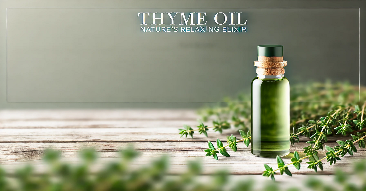 An elegant and calming banner image showcasing a small bottle of thyme oil on a rustic wooden table, surrounded by fresh thyme sprigs. Soft natural light highlights the earthy tones, perfectly representing the essence of thyme oil as a natural and relaxing elixir