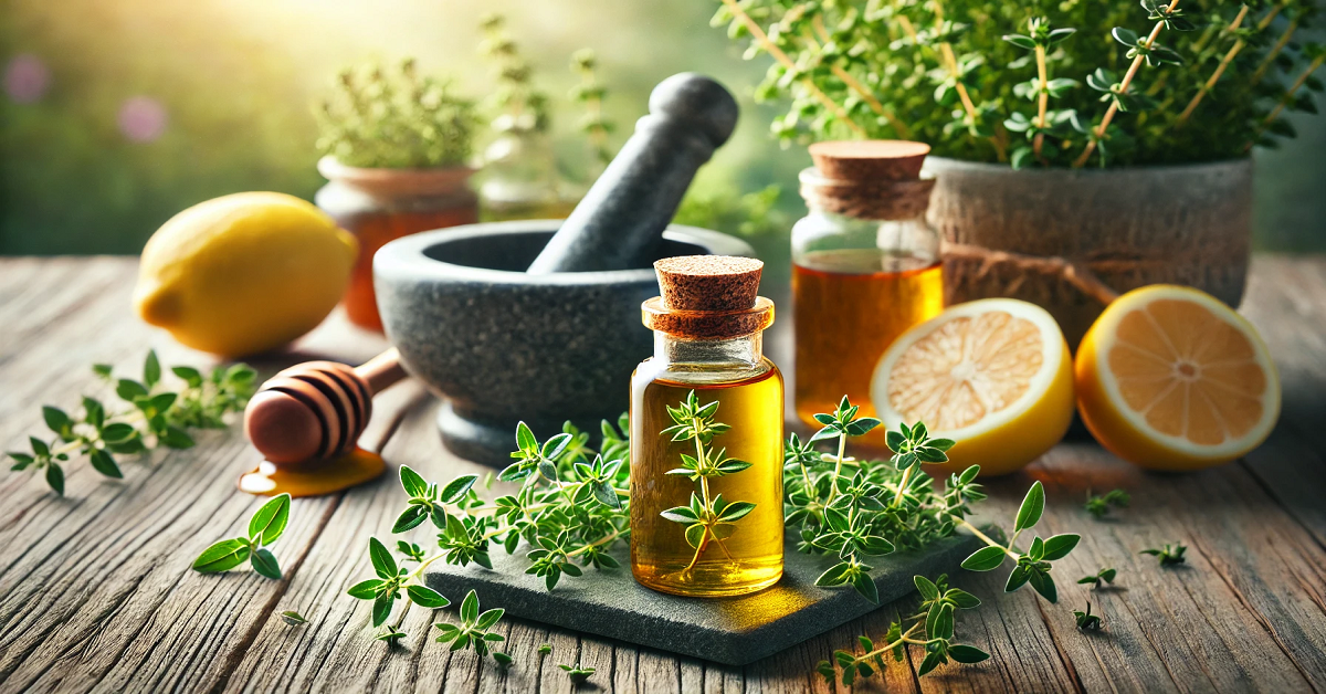 A vibrant image showcasing the health benefits of thyme oil, featuring a small bottle surrounded by fresh thyme sprigs, a mortar and pestle, lemons, honey, and a cup of herbal tea on a rustic wooden table. The serene setup emphasizes wellness, natural remedies, and the therapeutic properties of thyme oil.