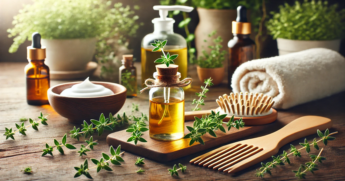 An elegant image showcasing the skincare and hair benefits of thyme oil, featuring a small bottle surrounded by fresh thyme sprigs, a wooden comb, a soft towel, and a bowl of natural cream. The serene setup, enhanced by natural lighting and a plant-filled background, reflects the nourishing and rejuvenating properties of thyme oil for beauty and wellness.