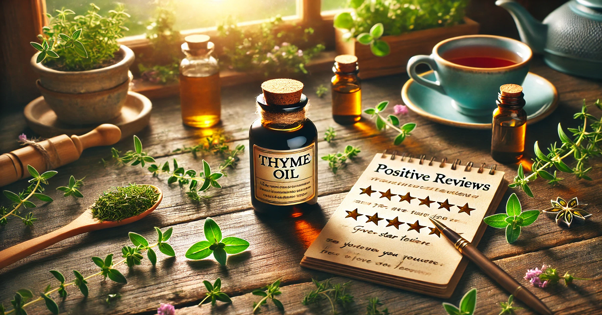 An inviting image showcasing positive reviews for thyme oil, featuring a small elegant bottle surrounded by fresh thyme sprigs, a notepad with handwritten glowing testimonials, and a mobile phone displaying a review page with five-star ratings. The rustic wooden table and cozy lighting create a warm and trustworthy atmosphere, emphasizing satisfaction and the natural benefits of thyme oil.