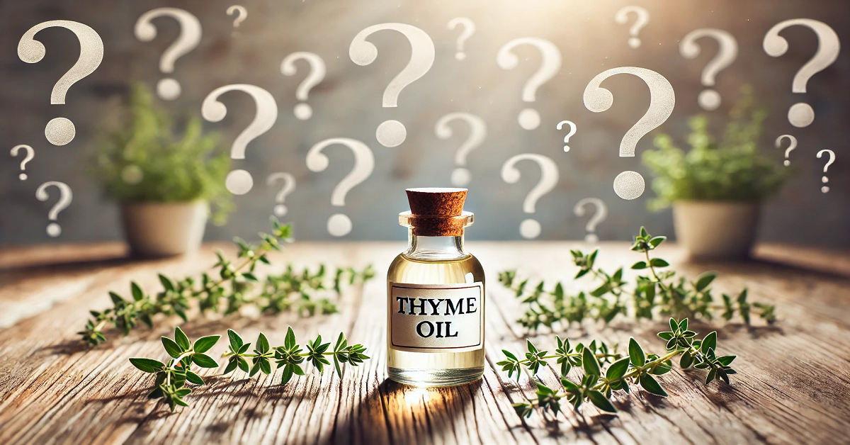 A visually engaging image featuring a small bottle labeled 'Thyme Oil,' surrounded by fresh thyme sprigs on a rustic wooden table. Floating question marks in the background symbolize curiosity and frequently asked questions, with natural sunlight creating an inviting and professional atmosphere.