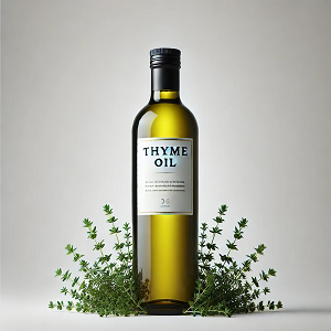 A sleek and elegant upright bottle of thyme oil standing at the center on a clean white background, surrounded by fresh thyme sprigs at the base. The minimalistic and professional setup highlights the natural essence and appeal of thyme oil, making it perfect for the main article image.