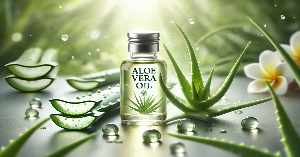 A captivating image showcasing Aloe Vera oil in a small elegant bottle, surrounded by vibrant aloe vera leaves and glistening oil drops. The serene background with soft green and white tones emphasizes natural beauty, purity, and the soothing essence of this remarkable oil. Perfectly aligned with the article's theme of exploring Aloe Vera oil's genuine properties.